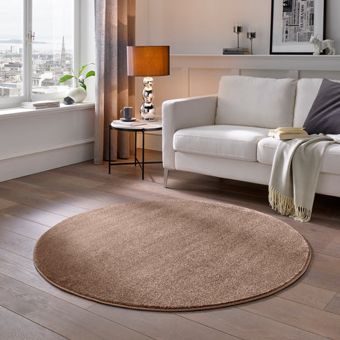 Kurzflor Teppich Designer | Flauschiger Flachflor fürs Wohnzimmer, Esszimmer, Schlafzimmer oder Kinderzimmer | Braun Rund